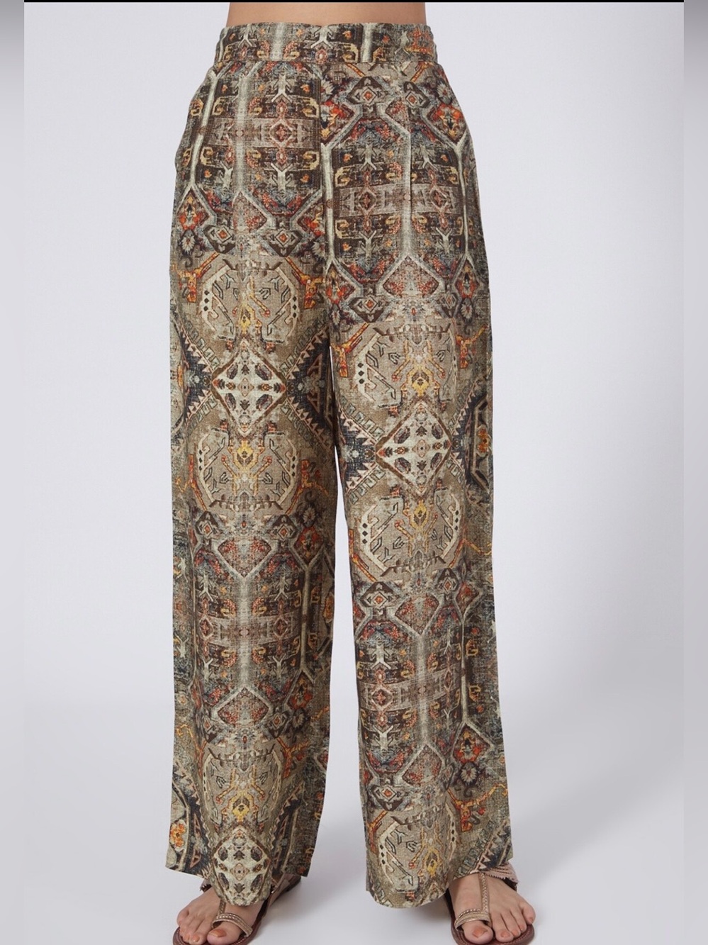 Linen Bloom Aztec Print Pants Small Olive Green